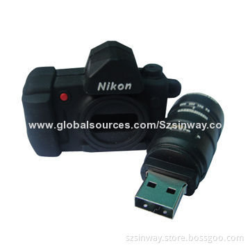 Camera Design USB Flash Drive with 1 to 64GB Memory Capacity Range, Free Printing Logo